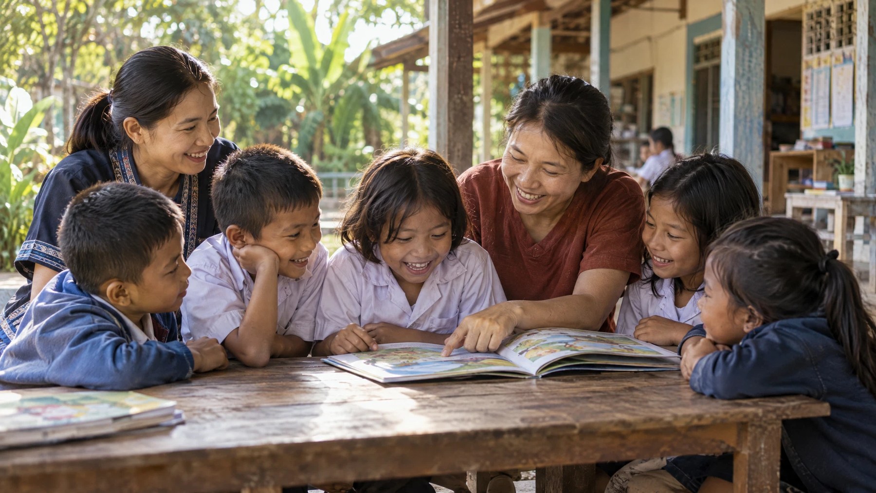 Children and volunteers sharing a storybook at a community school; AI illustration.