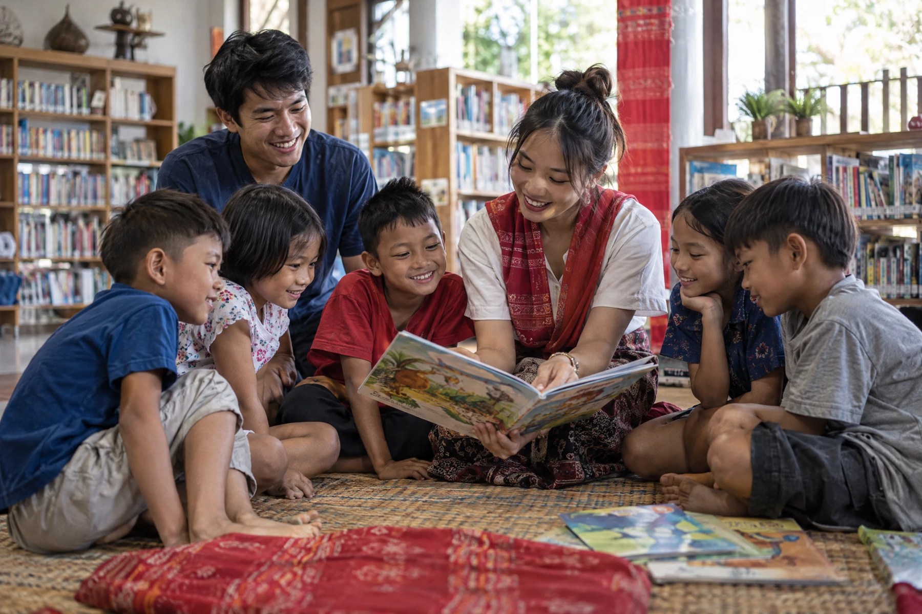 Children gathered in a reading circle with volunteers; AI illustration.