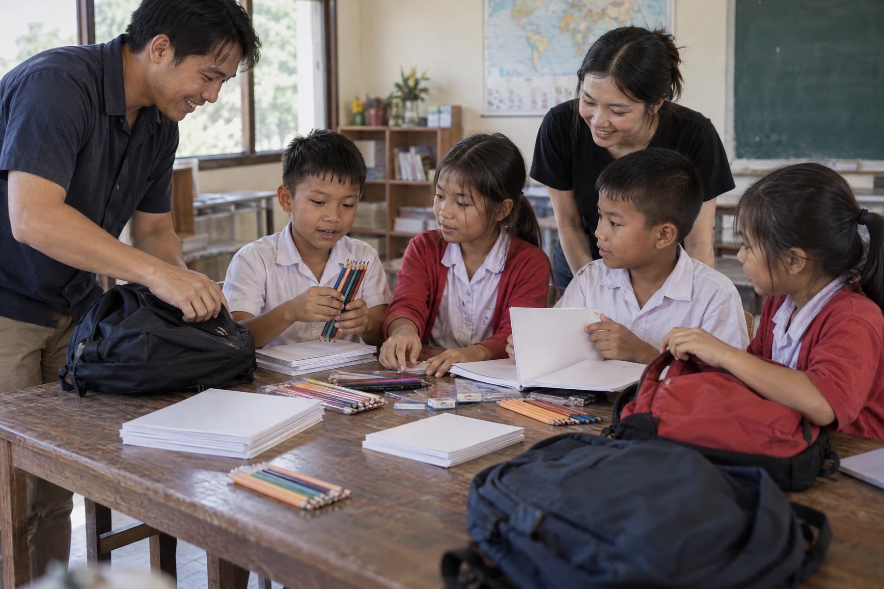 Children and volunteers discussing learning supplies; AI illustration.