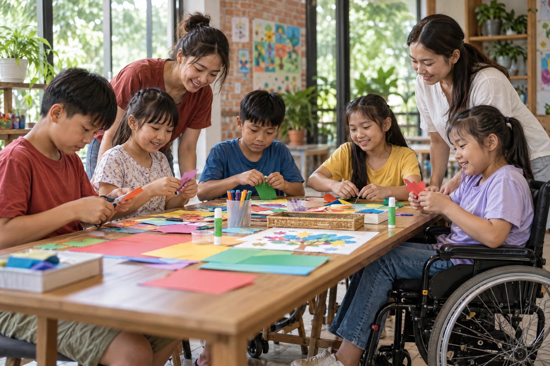 Children including a wheelchair user creating art together; AI illustration.