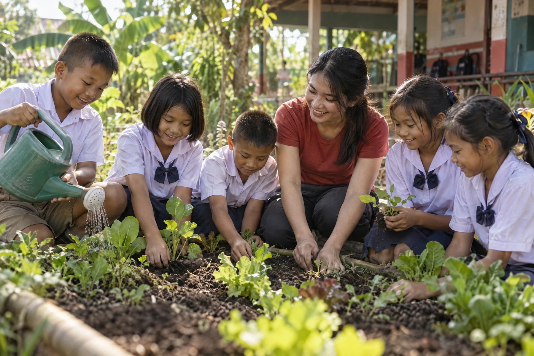 Children and a volunteer tending a school garden; AI illustration.