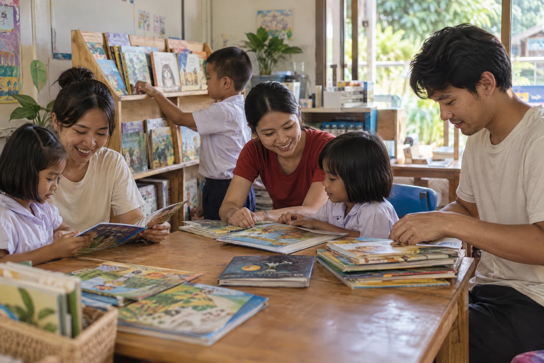 Volunteers and children preparing a reading corner together; AI illustration.
