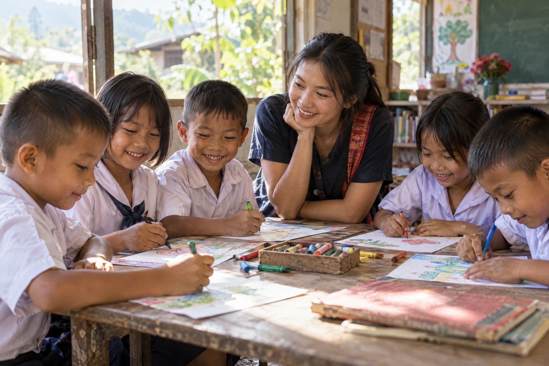 Children sharing art materials at a school table; AI illustration.